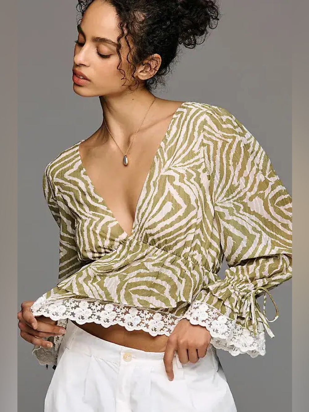 En Saison Olive Zebra-Print Lace Trim Wrap Blouse